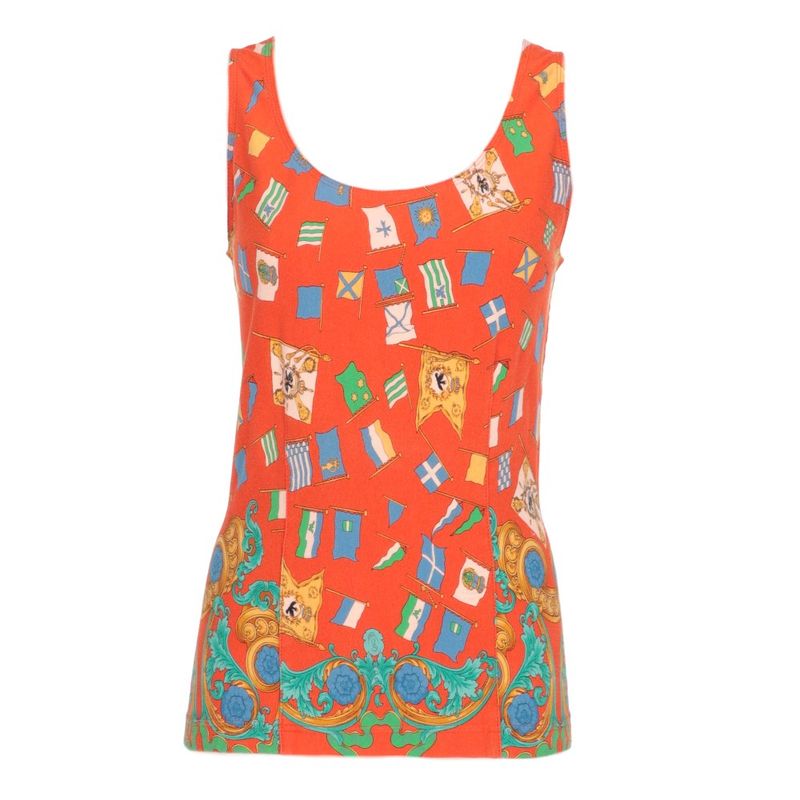 Gianni Versace Y2k Orange Cotton Tank Top With Multicolour Flag Print